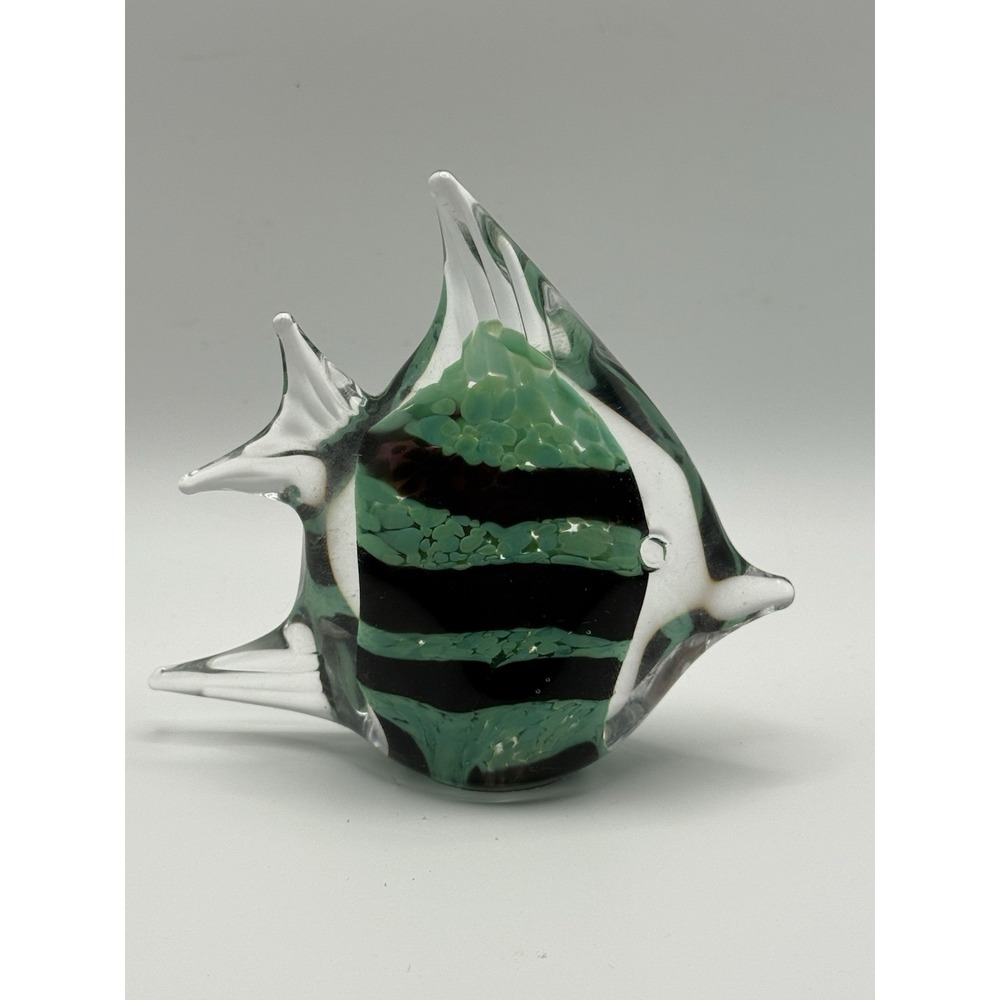 Art Glass Murano Style Green Striped Angel Fish‎ Tropical Paperweight Decor